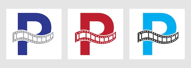 Letra P con símbolo de película Roll Strip Logotipo de película para el signo de la película y el concepto de entretenimiento