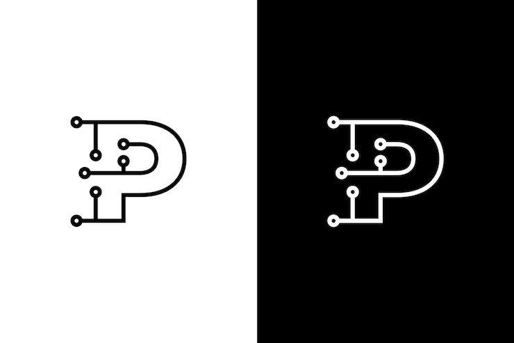Vector letra p tecnología diseño de letras tecnología conexión de puntos abstractos cruz vector logo icono círculo