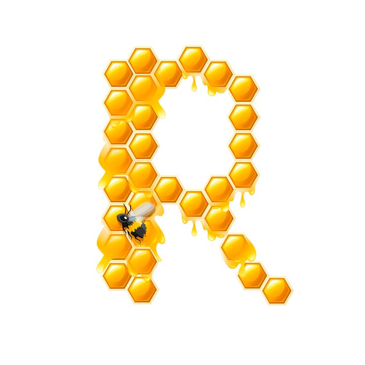 Vector letra de panal r con gotas de miel y abeja ilustración vectorial plana aislada sobre fondo blanco.