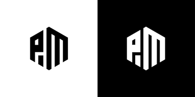 Letra PM polígono Diseño de logotipo minimalista y profesional hexagonal sobre fondo blanco y negro