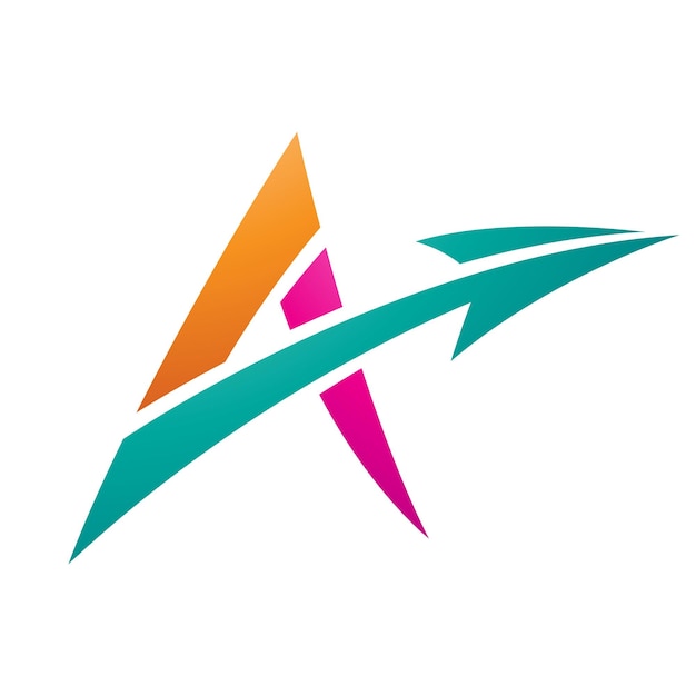 Letra A puntiaguda con una flecha diagonal en colores naranja y verde magenta