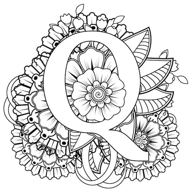Letra Q con adorno decorativo de flores Mehndi en estilo étnico oriental página de libro para colorear