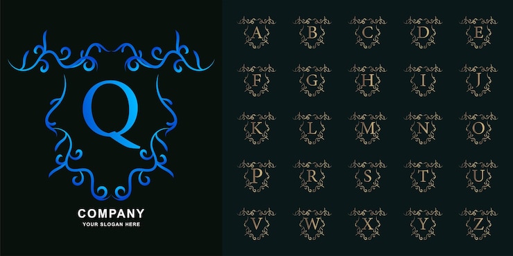 Vector letra q o alfabeto inicial de colección con plantilla de logotipo dorado de marco floral de adorno de lujo.