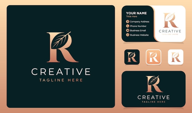 Letra r con diseño de logotipo de hoja vector con plantilla de tarjeta de visita