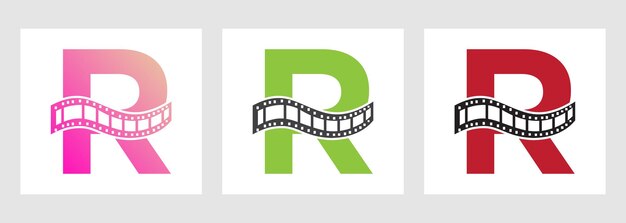 Letra R con el símbolo de la película Roll Strip Logotipo de la película para el signo de la película y el concepto de entretenimiento