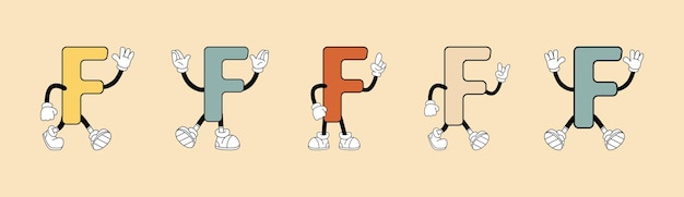letra retro F en estilo de dibujos animados en un fondo de color retro