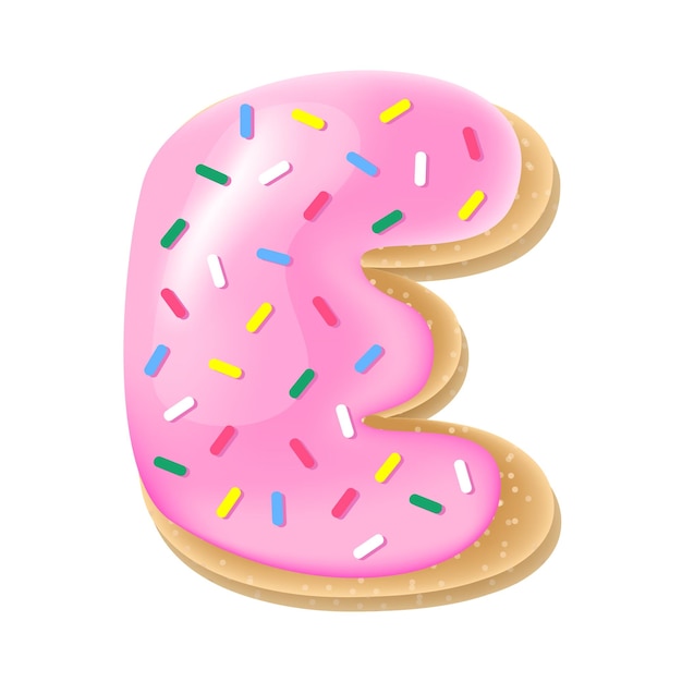 Letra rosa E del alfabeto de donuts Fuente de galleta dulce y sabrosa Ilustración de alimentos