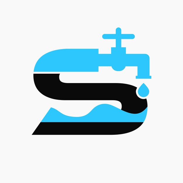 Letra S Diseño de logotipo de plomero Símbolo de logotipo de plomería con agua e icono de grifo de agua