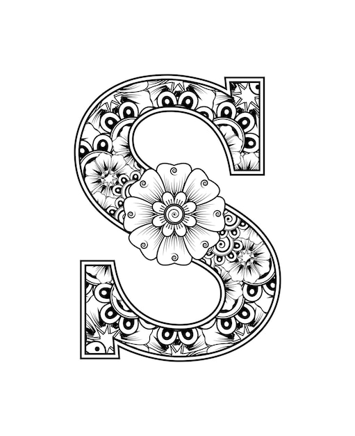 Letra S hecha de flores en estilo mehndi para colorear ilustración de vector de handdraw de contorno de página de libro