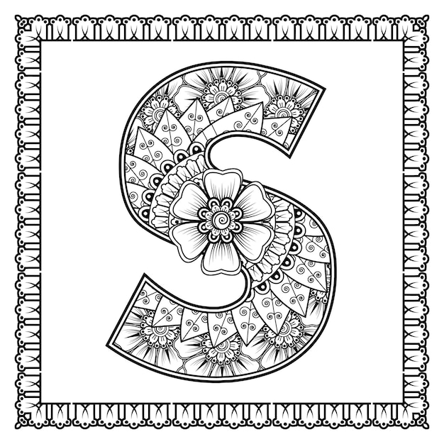 Letra S hecha de flores en estilo mehndi para colorear ilustración de vector de handdraw de contorno de página de libro