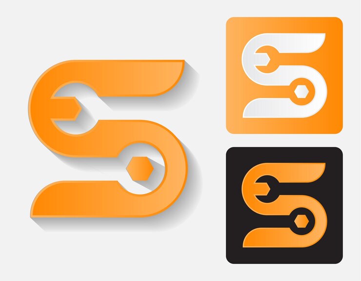 Letra S con vector de concepto de logotipo de llave inglesa