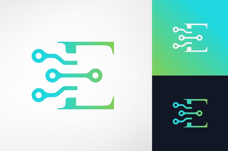 Vector la letra serif e y el símbolo binary dot web technology forman un logotipo moderno y futurista