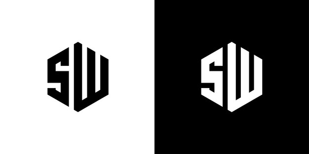 Letra SW Polygon Diseño de logotipo mínimo hexagonal sobre fondo blanco y negro