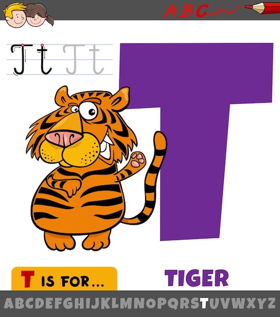 Letra T del alfabeto con carácter animal tigre de dibujos animados