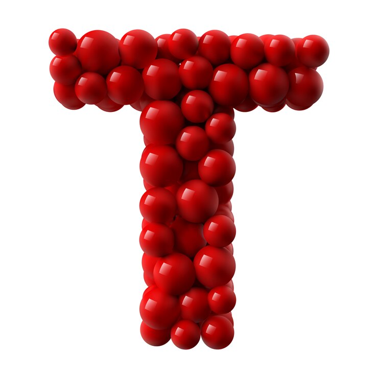 Vector letra t con bolas de color rojo brillante. ilustración realista