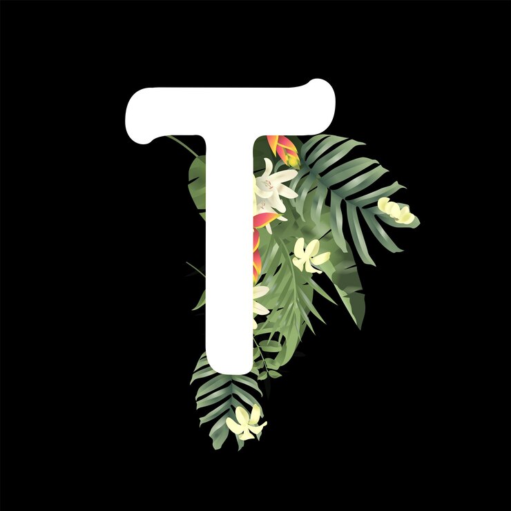 Vector la letra t está decorada con hermosas flores sobre un fondo negro