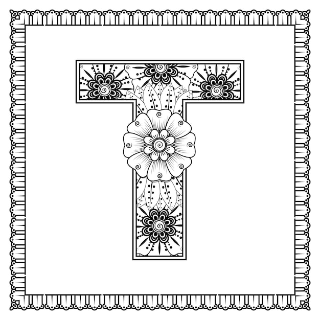 Letra T hecha de flores en estilo mehndi para colorear ilustración de vector de handdraw de contorno de página de libro