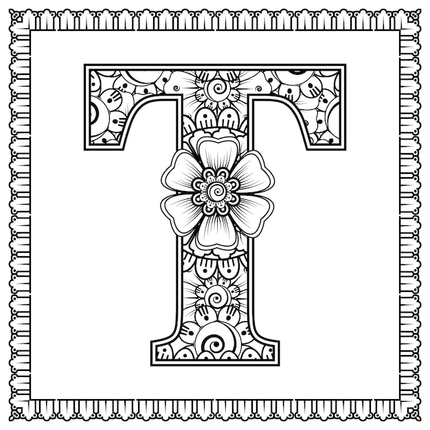 Letra T hecha de flores en estilo mehndi para colorear ilustración de vector de handdraw de contorno de página de libro