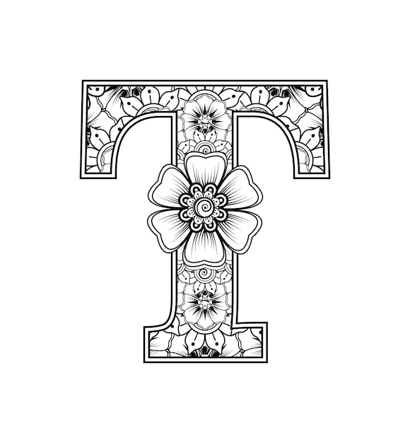 Letra T hecha de flores en estilo mehndi para colorear ilustración de vector de handdraw de contorno de página de libro