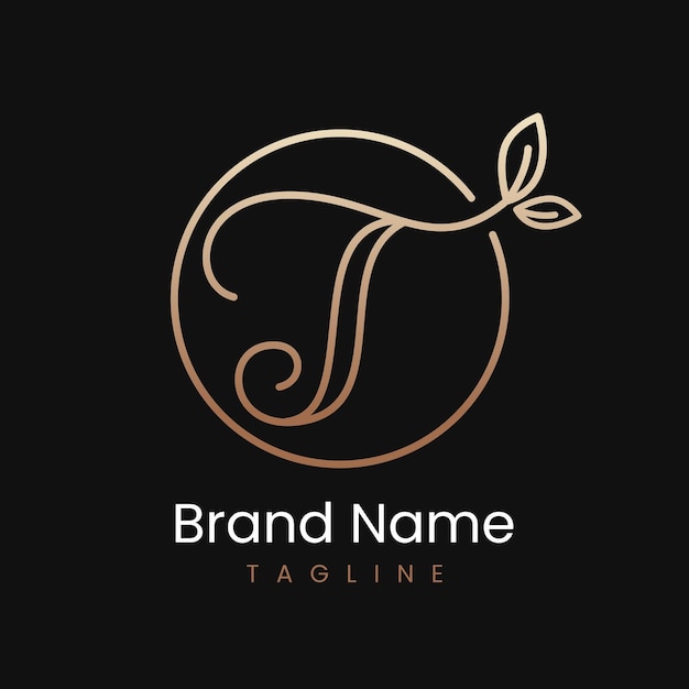 Letra T Leaf Elegante diseño de logotipo de lujo en círculo