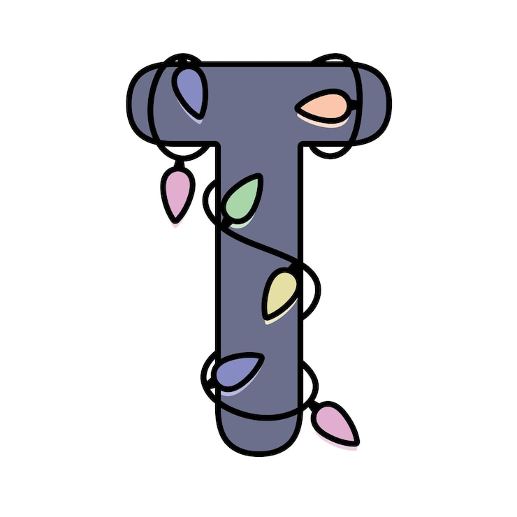 Vector letra t luces de navidad vacaciones de invierno monograma familiar elemento de fiesta de año nuevo