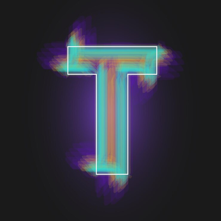 Vector letra t con un marco blanco y efecto de pintura brillante en un fondo oscuro vector abstracto