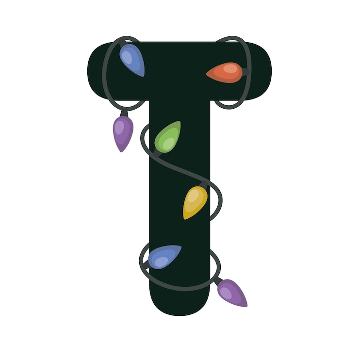 Vector letra t con monograma de vacaciones de invierno de luces de navidad
