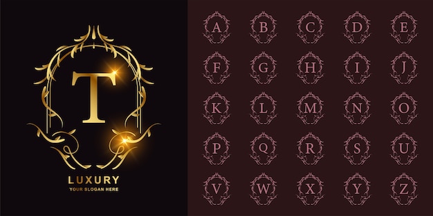 Letra T o alfabeto inicial de colección con plantilla de logotipo dorado de marco floral de adorno de lujo.