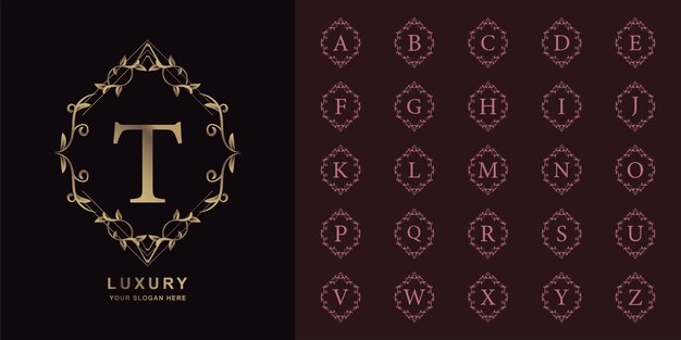 Letra T o alfabeto inicial de colección con plantilla de logotipo dorado de marco floral de adorno de lujo.