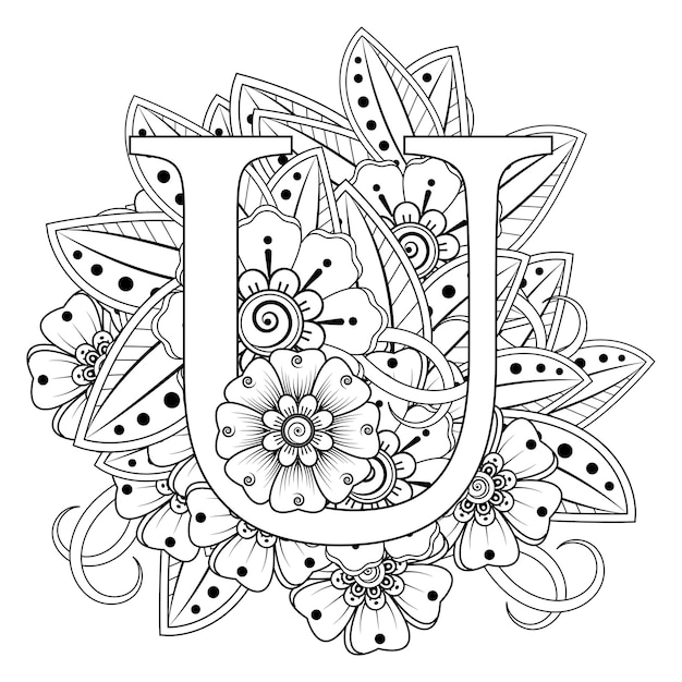 Vector letra u con adorno decorativo de flores mehndi en estilo étnico oriental página de libro para colorear