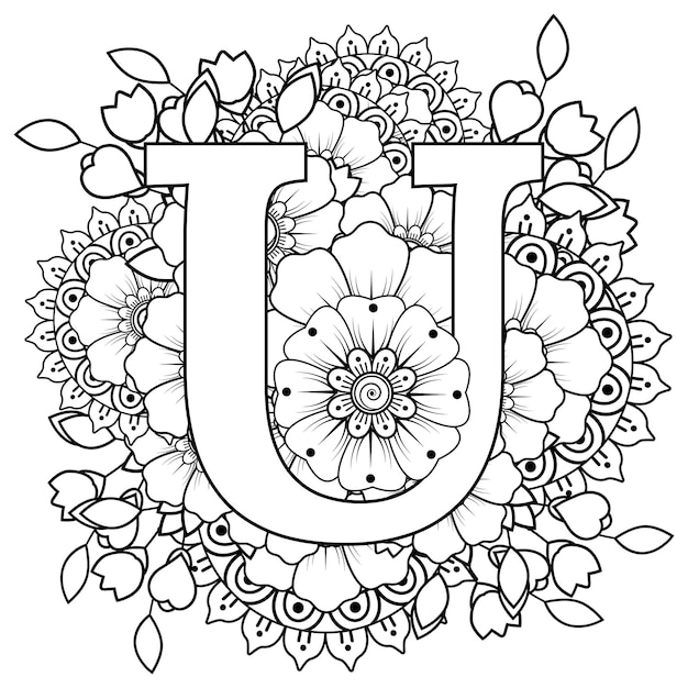 Letra u con adorno decorativo de flores mehndi en estilo étnico oriental página de libro para colorear