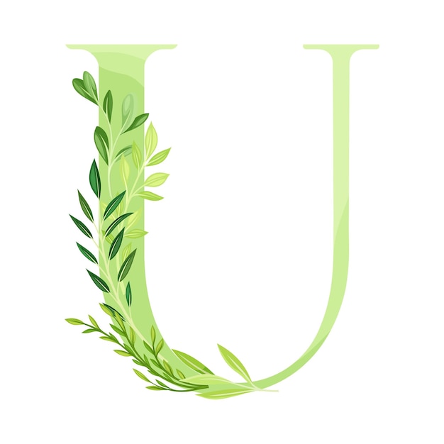La letra U del alfabeto mayúsculo decorada con follaje verde e ilustración vectorial de hojas