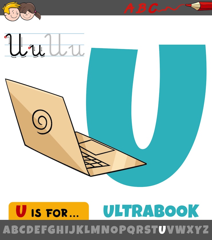 Vector la letra u del alfabeto con el portátil ultrabook de dibujos animados