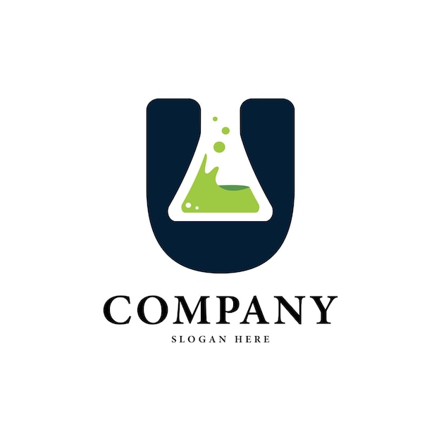 Letra U combinada con el concepto de logotipo de espacio negativo de botella química para laboratorios y comunidad científica