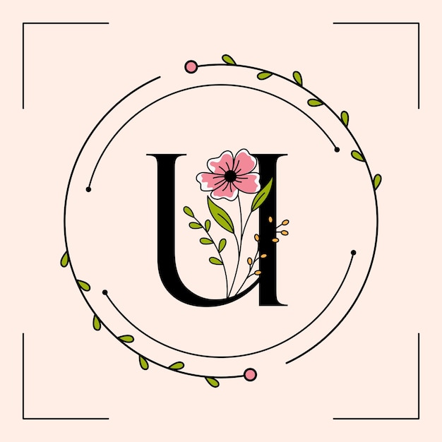 Vector letra u femenina con plantilla de logotipo de marco floral