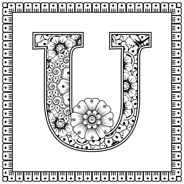 Letra U hecha de flores en estilo mehndi para colorear ilustración de vector de handdraw de contorno de página de libro