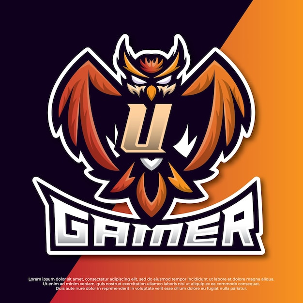 Letra U Owl Mascot esport gaming logo design owl night bird illustration bird gamer esport logo