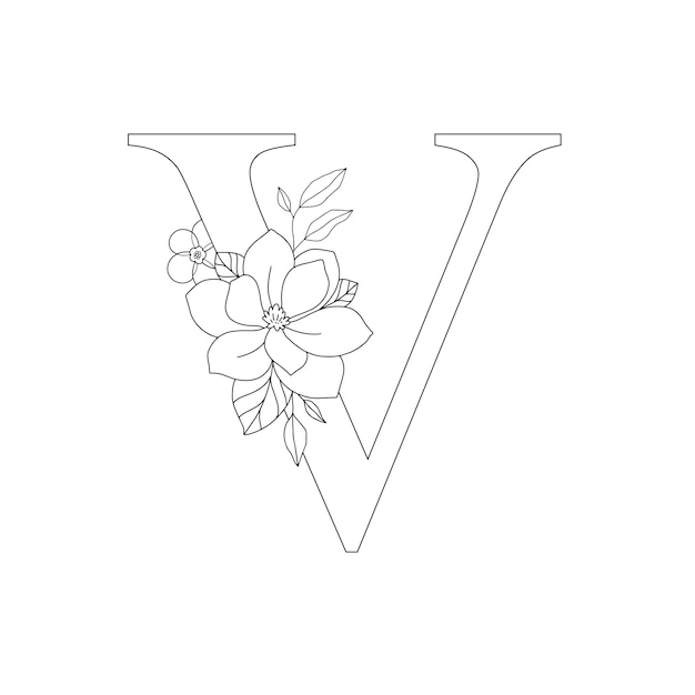 Vector la letra v del alfabeto floral con flores y hojas dibujadas a mano para la tarjeta de felicitación de la invitación de boda