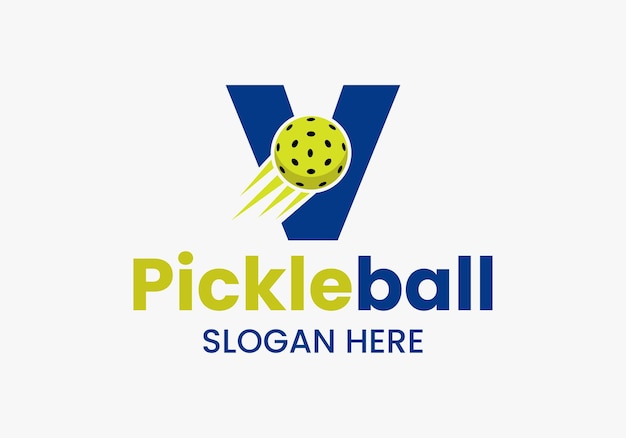 Letra V Concepto de logotipo de Pickleball con símbolo de Pickleball en movimiento Plantilla de vector de logotipo de Pickle Ball