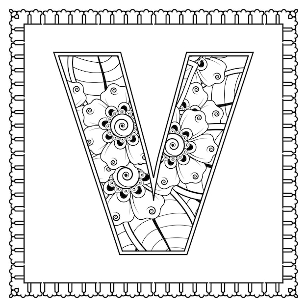 Letra V hecha de flores en estilo mehndi para colorear ilustración de vector de handdraw de contorno de página de libro