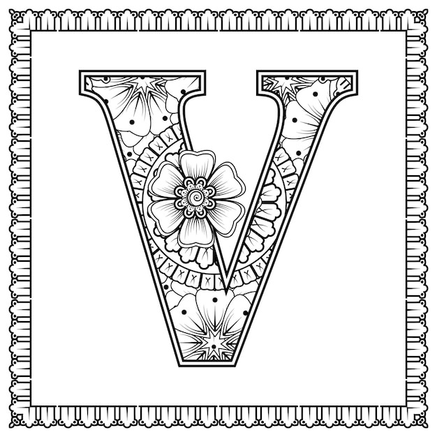 Letra V hecha de flores en estilo mehndi para colorear ilustración de vector de handdraw de contorno de página de libro