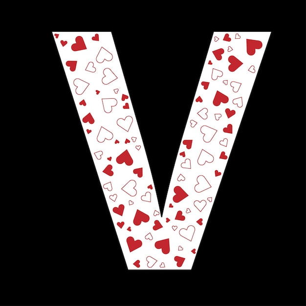 La letra V llena de corazones rojos y blancos