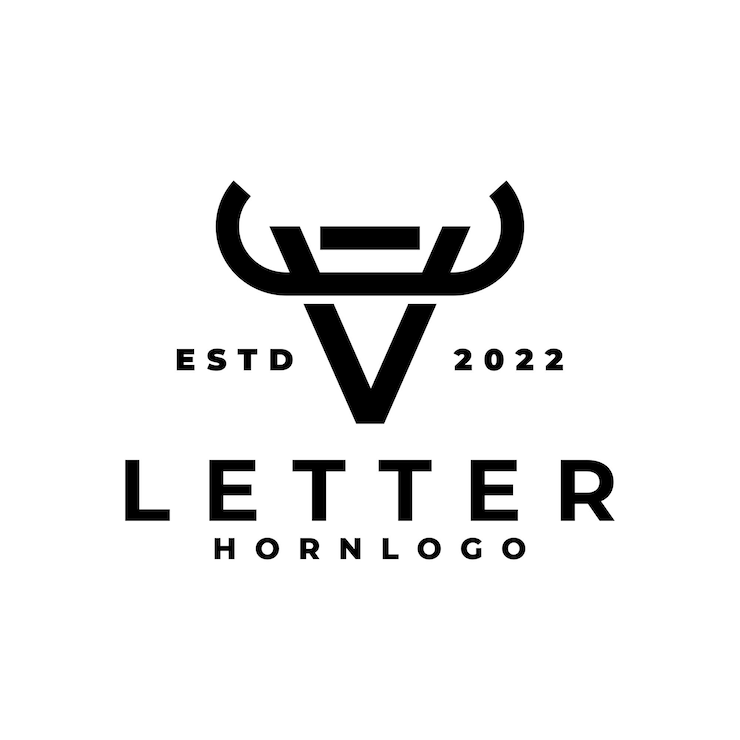Vector letra v con logo de cuerno letra con plantilla de vector de logo de cuerno de toro