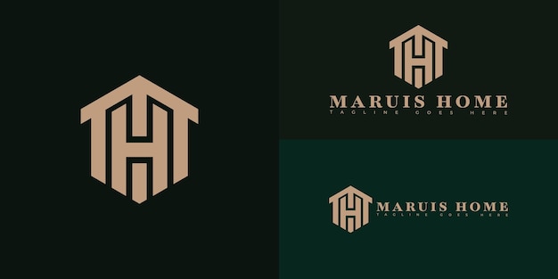 La letra vectorial inicial hexagonal moderna MH o el logotipo HM en color dorado aislado en múltiples fondos