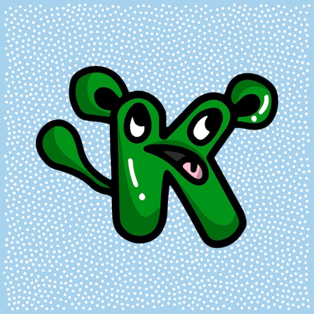 Letra verde divertida K en forma de un monstruo con la cola de la cara y las orejas del diablo asustado desconcertado y sorprendido con la sombra y el garabato destacado