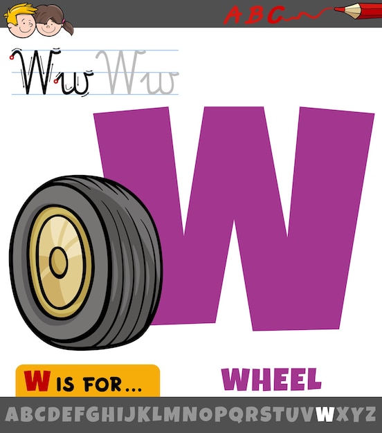 Letra w del alfabeto con objeto de rueda de dibujos animados