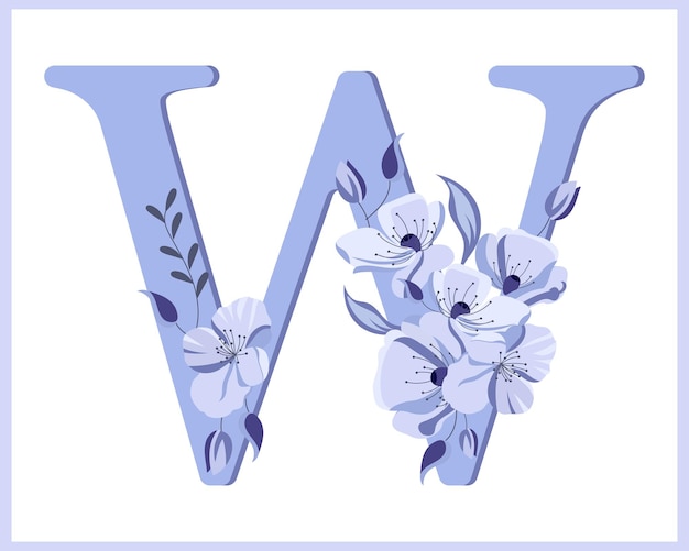 Vector letra w decorada con flores y hojas icono de ilustración de delicados colores lilas