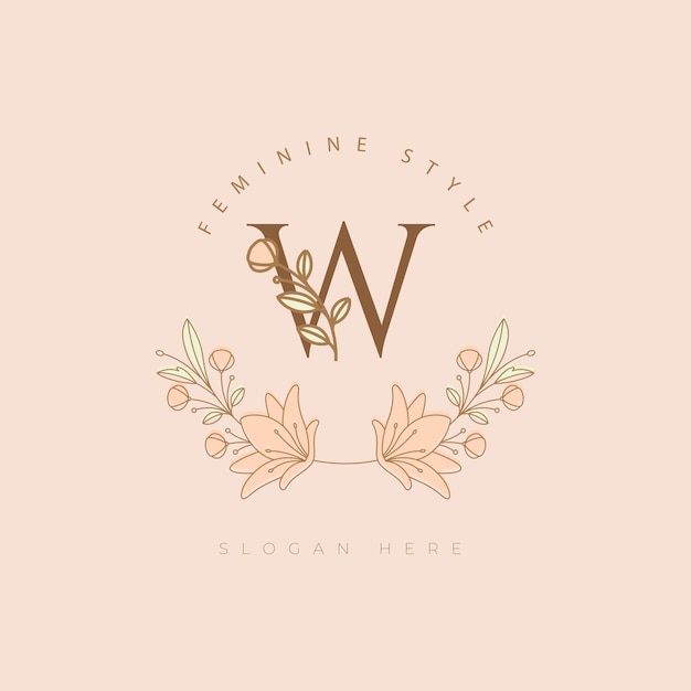 Vector letra w flor moderna minimalista fuente floral belleza botánica diseño de logotipo ilustración vectorial