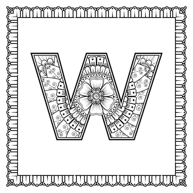 Letra W hecha de flores en estilo mehndi para colorear ilustración de vector de handdraw de contorno de página de libro