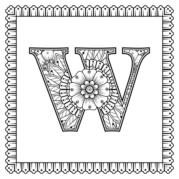 Letra W hecha de flores en estilo mehndi para colorear ilustración de vector de handdraw de contorno de página de libro